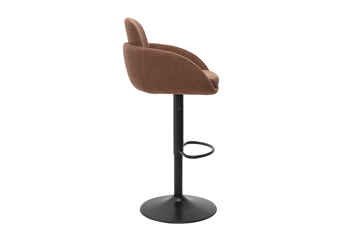 Tabouret de bar r�glable en tissu chenille terre br�l�e et m�tal noir, vue de profil.