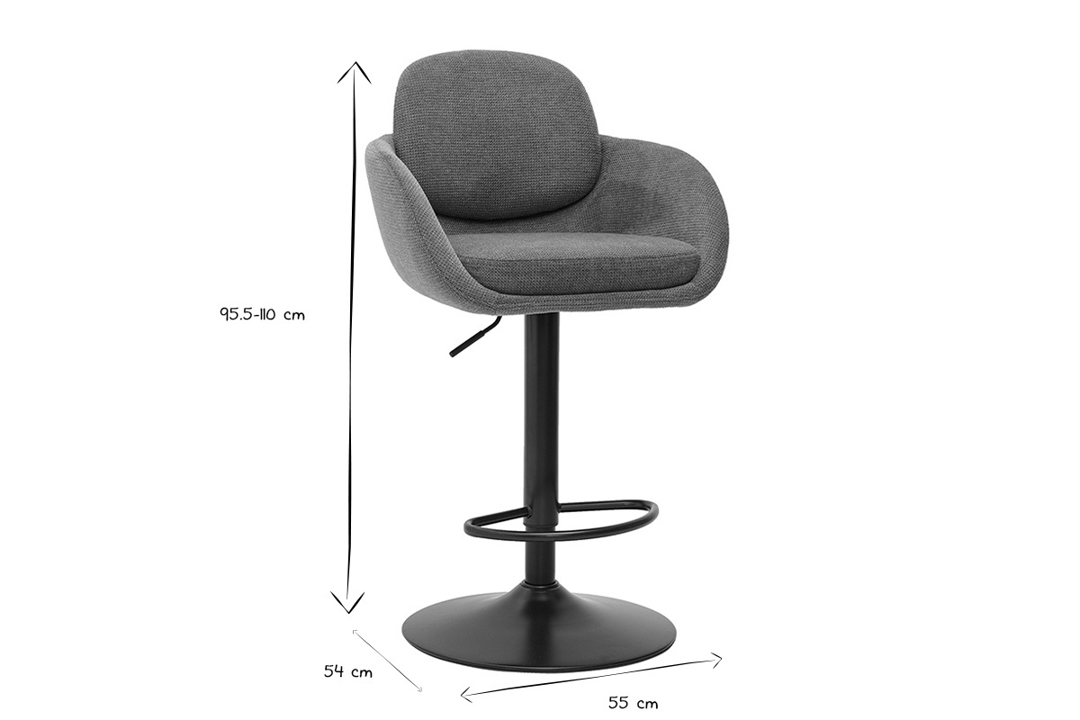 Dimensions des tabourets de bar SLAKE en noir et blanc, hauteur 95,5-110 cm, assise 54 cm, larg. 55 cm.