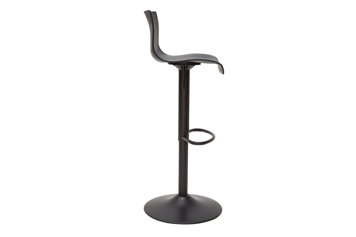 Tabouret de bar ONA en m�tal noir, vue de profil, avec pied r�glable et repose-pieds rond.