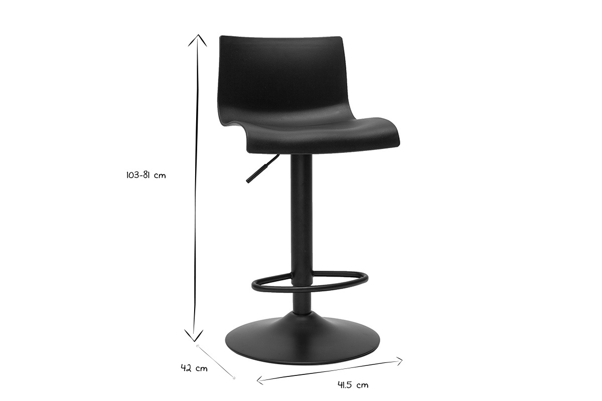 Dimensions des tabourets de bar ONA en noir et blanc, L41.5 x P42 x H103-81 cm ajustable.