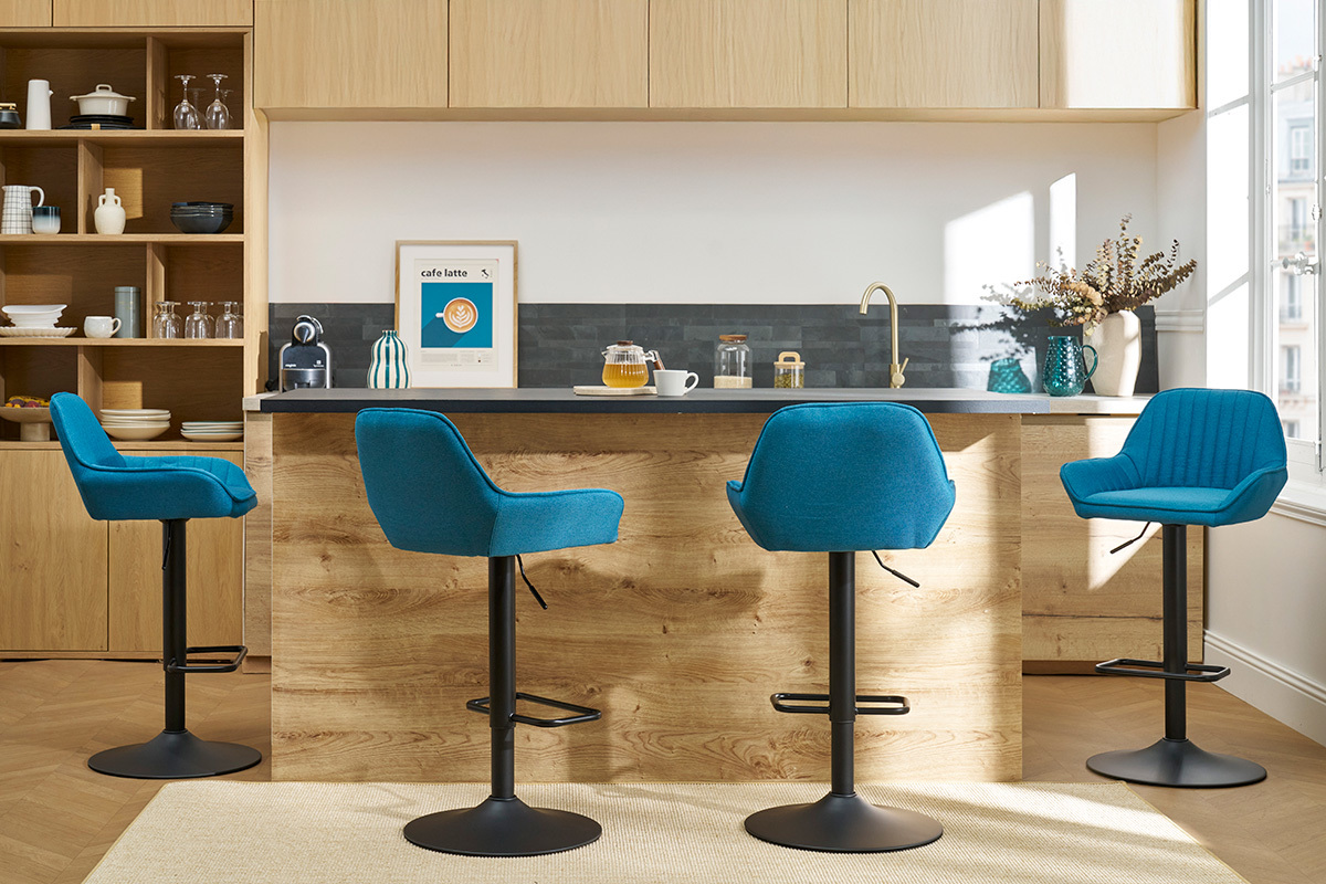 Tabourets de bar r�glables design en tissu bleu (lot de 2) RONNIE