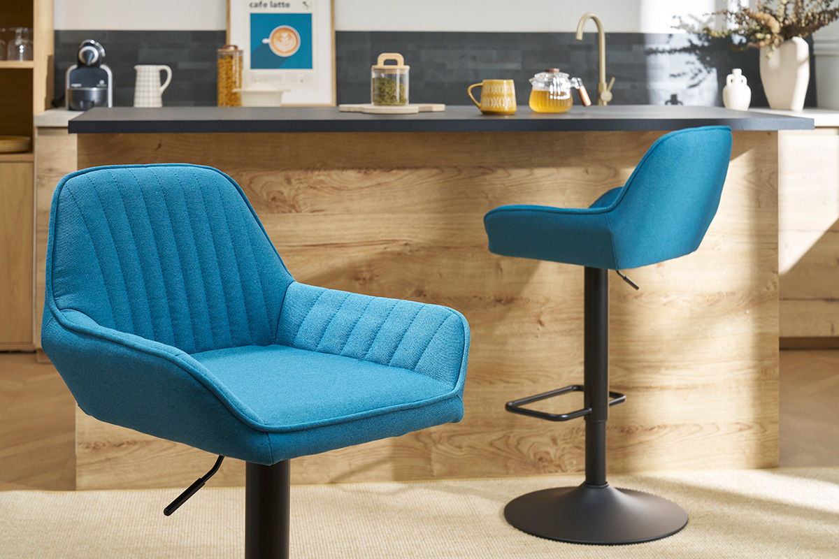 Tabourets de bar r�glables design en tissu bleu (lot de 2) RONNIE