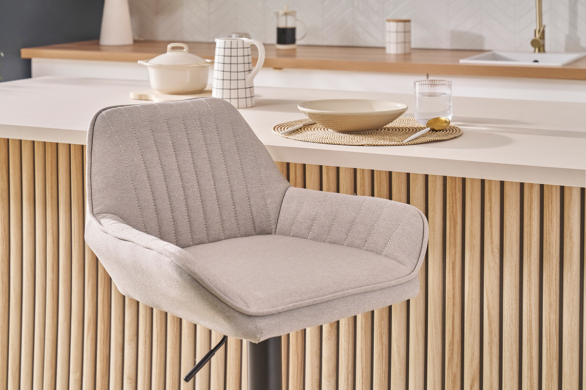 Tabourets de bar r�glables en tissu beige et m�tal noir (lot de 2) RONNIE