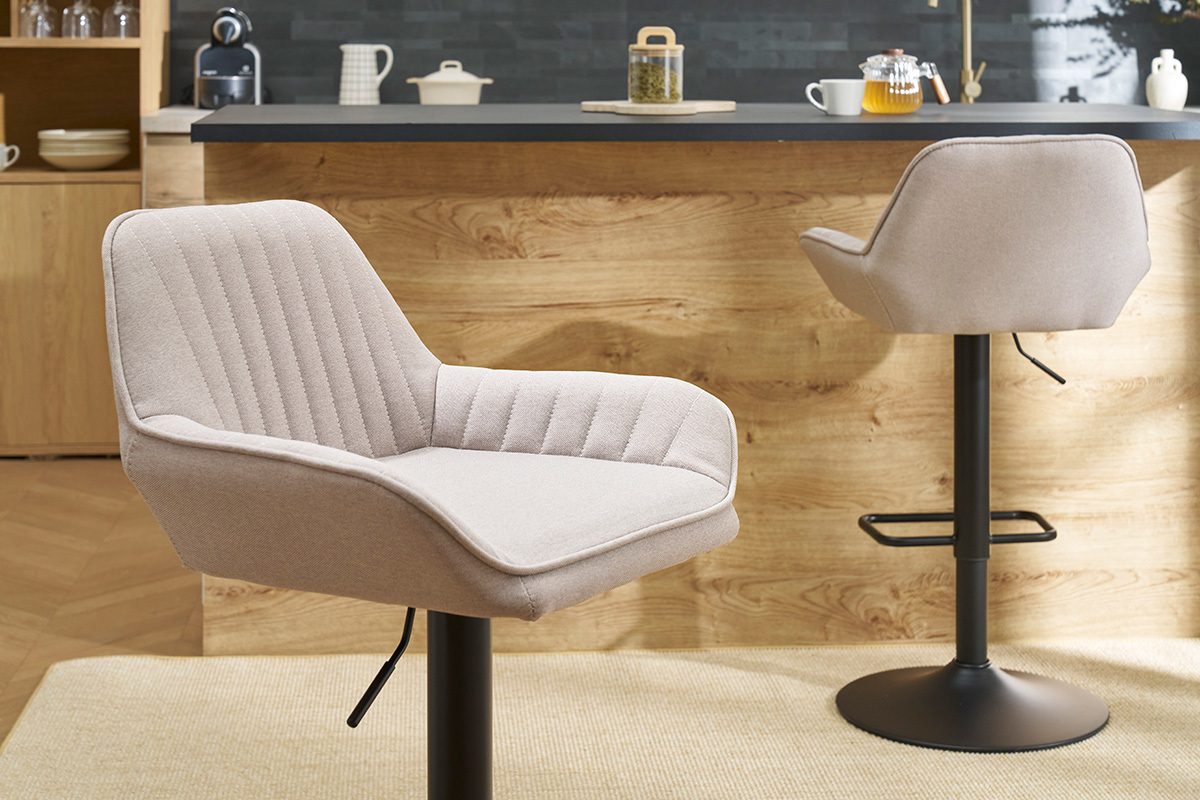 Tabourets de bar r�glables en tissu beige et m�tal noir (lot de 2) RONNIE