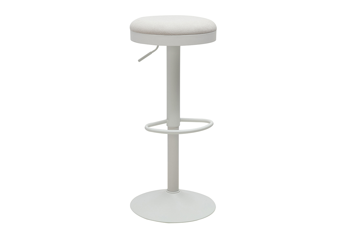 Tabouret de bar r�glable en tissu chenille �cru et m�tal blanc, vue de 3/4.