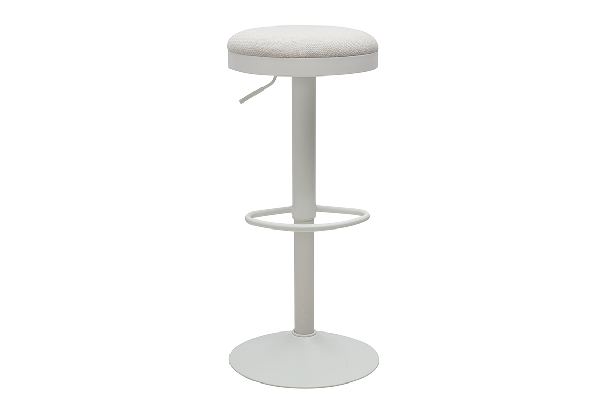 Tabouret de bar r�glable en tissu chenille �cru et m�tal blanc, vue de face.