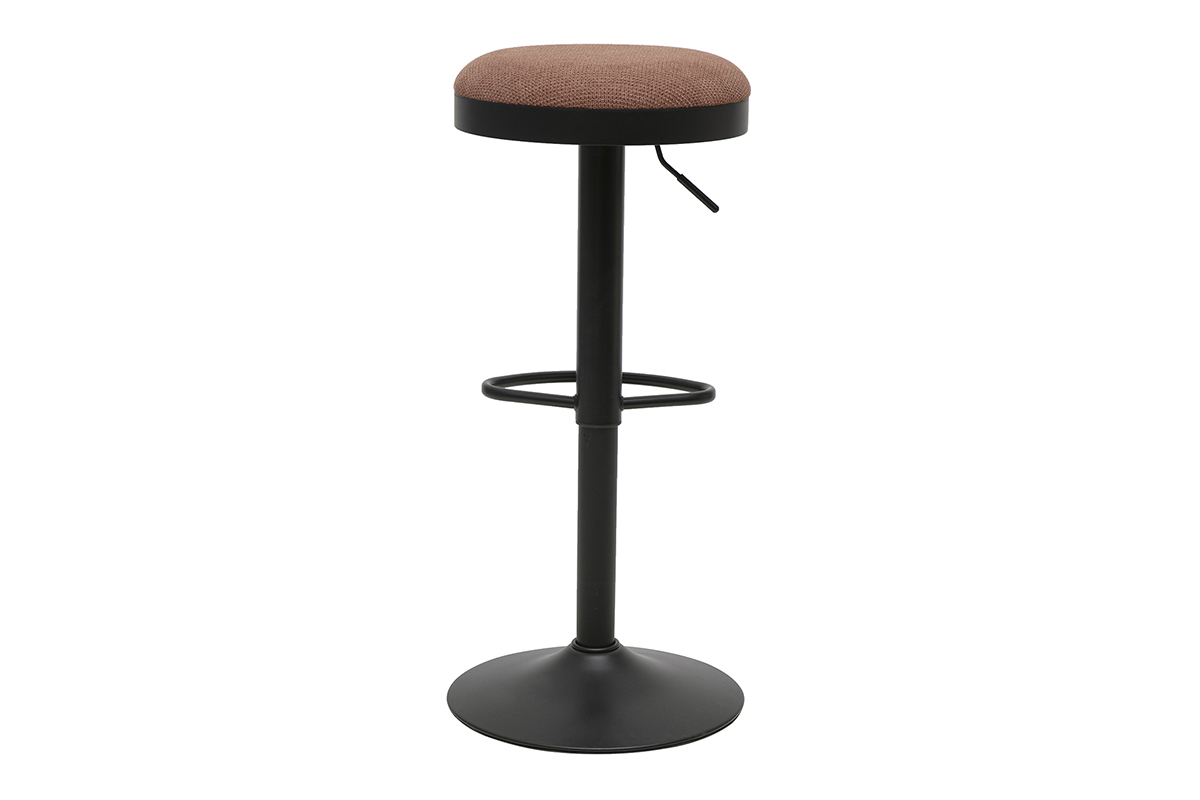 Tabouret de bar r�glable en tissu chenille terre br�l�e et m�tal noir, vue de dos.