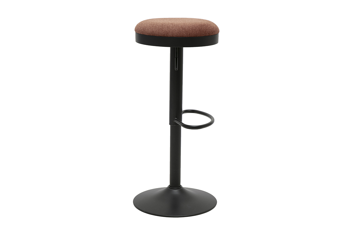 Tabouret de bar r�glable en tissu chenille terre br�l�e et m�tal noir, vue de profil.