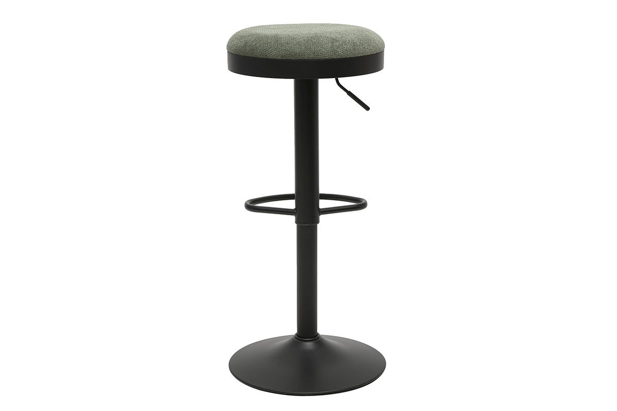 Tabouret de bar r�glable en tissu chenille vert kaki et m�tal noir, vue de dos.