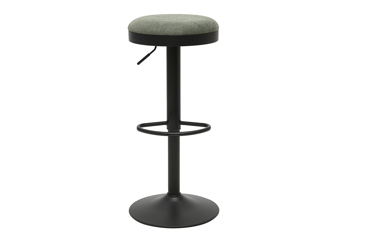 Tabouret de bar r�glable en tissu chenille vert kaki et m�tal noir, vue de face.