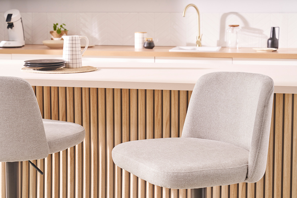 Tabourets de bar r�glables en tissu effet velours textur� beige et m�tal noir (lot de 2) MONTI