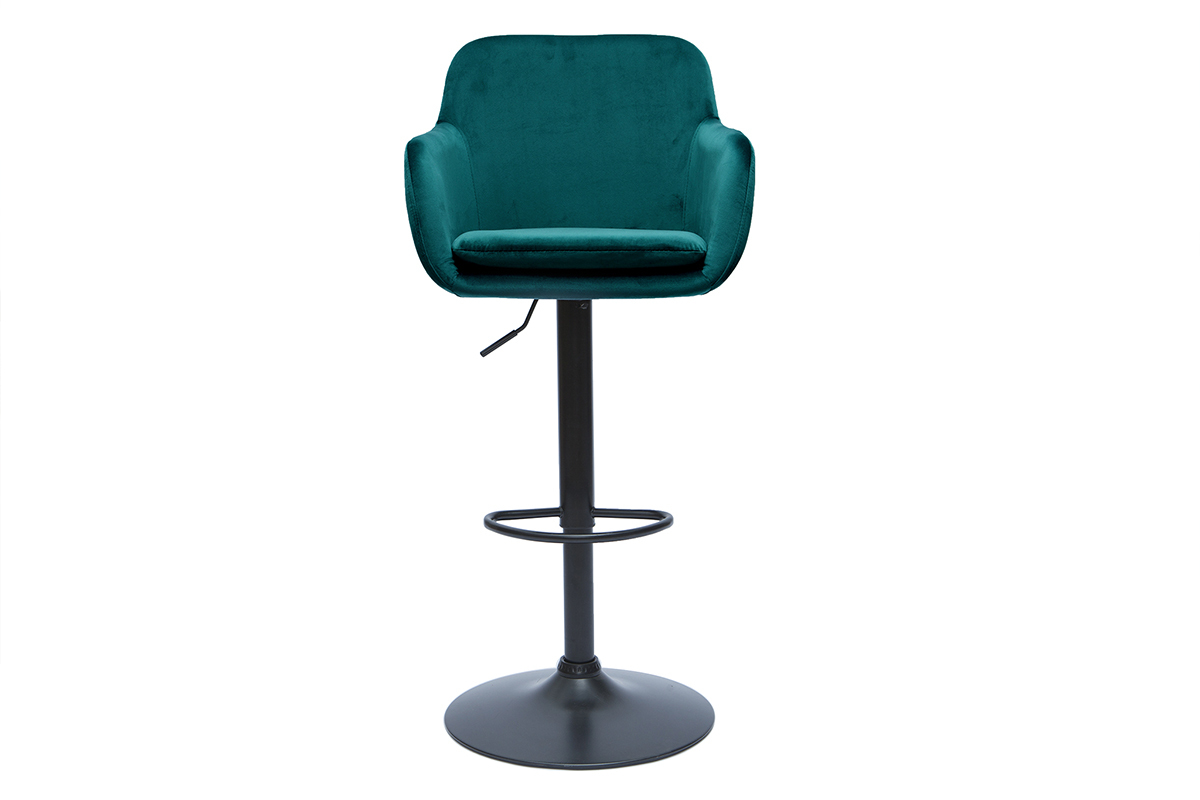 Tabouret de bar en velours bleu p�trole avec pied en m�tal noir, vue de face.