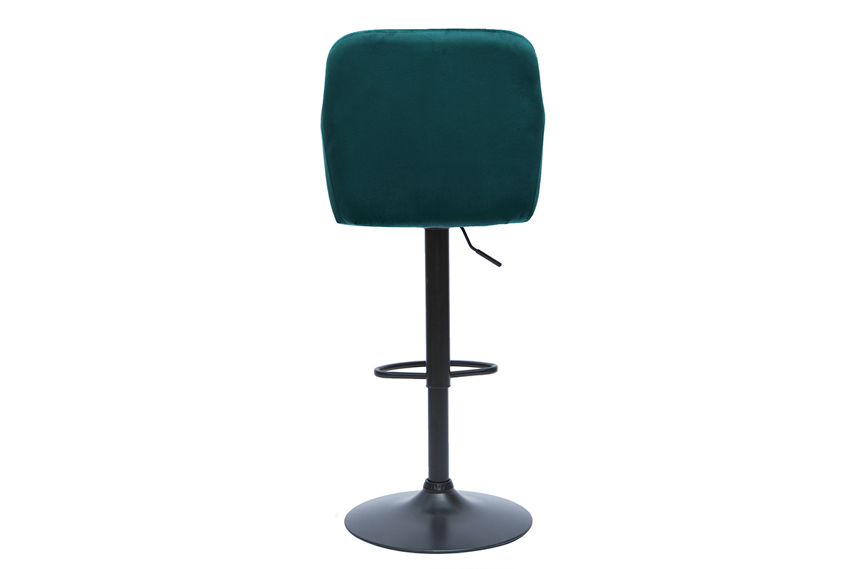 Tabouret de bar en velours bleu p�trole vu de dos avec base en m�tal noir.