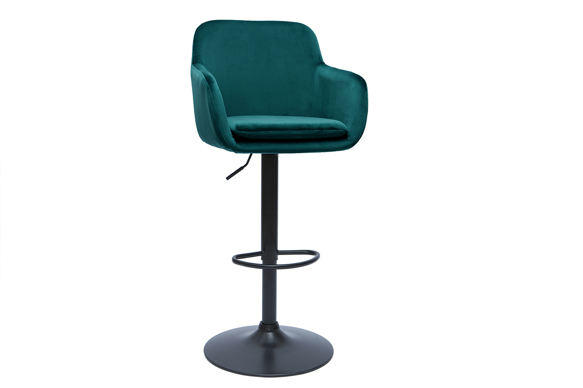 Tabouret de bar en velours bleu p�trole et m�tal noir, vue de 3/4.