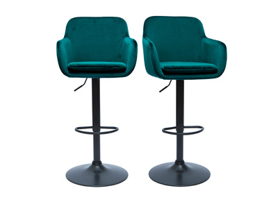 Tabourets de bar r&eacute;glables en tissu velours bleu p&eacute;trole et m&eacute;tal noir (lot de 2) AMIKA