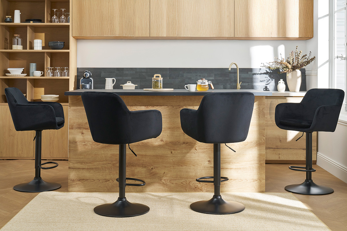 Tabourets de bar r�glables en velours noir et m�tal (lot de 2) AMIKA