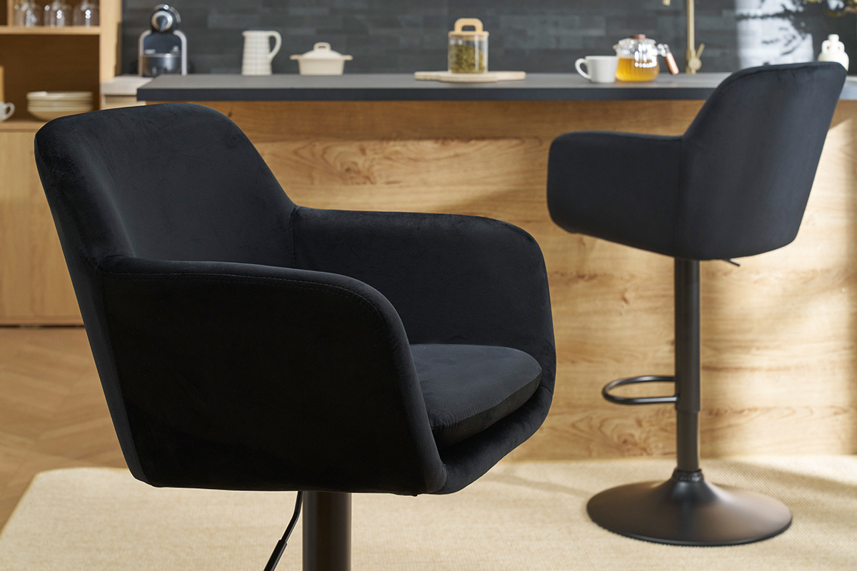 Tabourets de bar r�glables en velours noir et m�tal (lot de 2) AMIKA