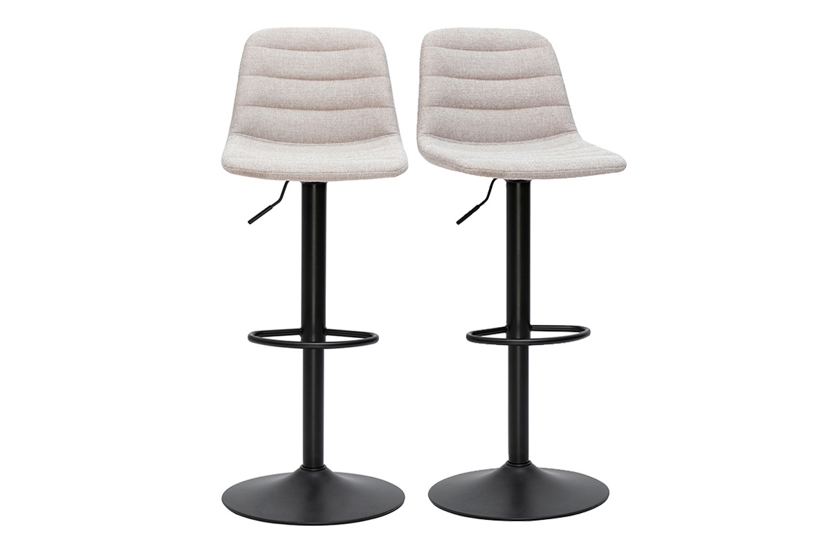 Deux tabourets de bar r�glables en tissu beige, structure en m�tal noir, vue de face.