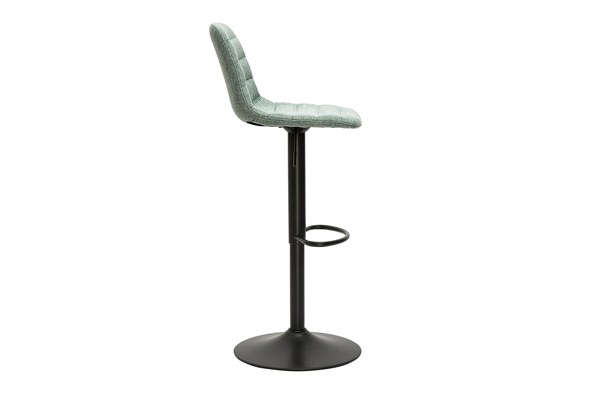 Tabouret de bar r�glable en tissu c�ladon et m�tal noir, vue de profil.