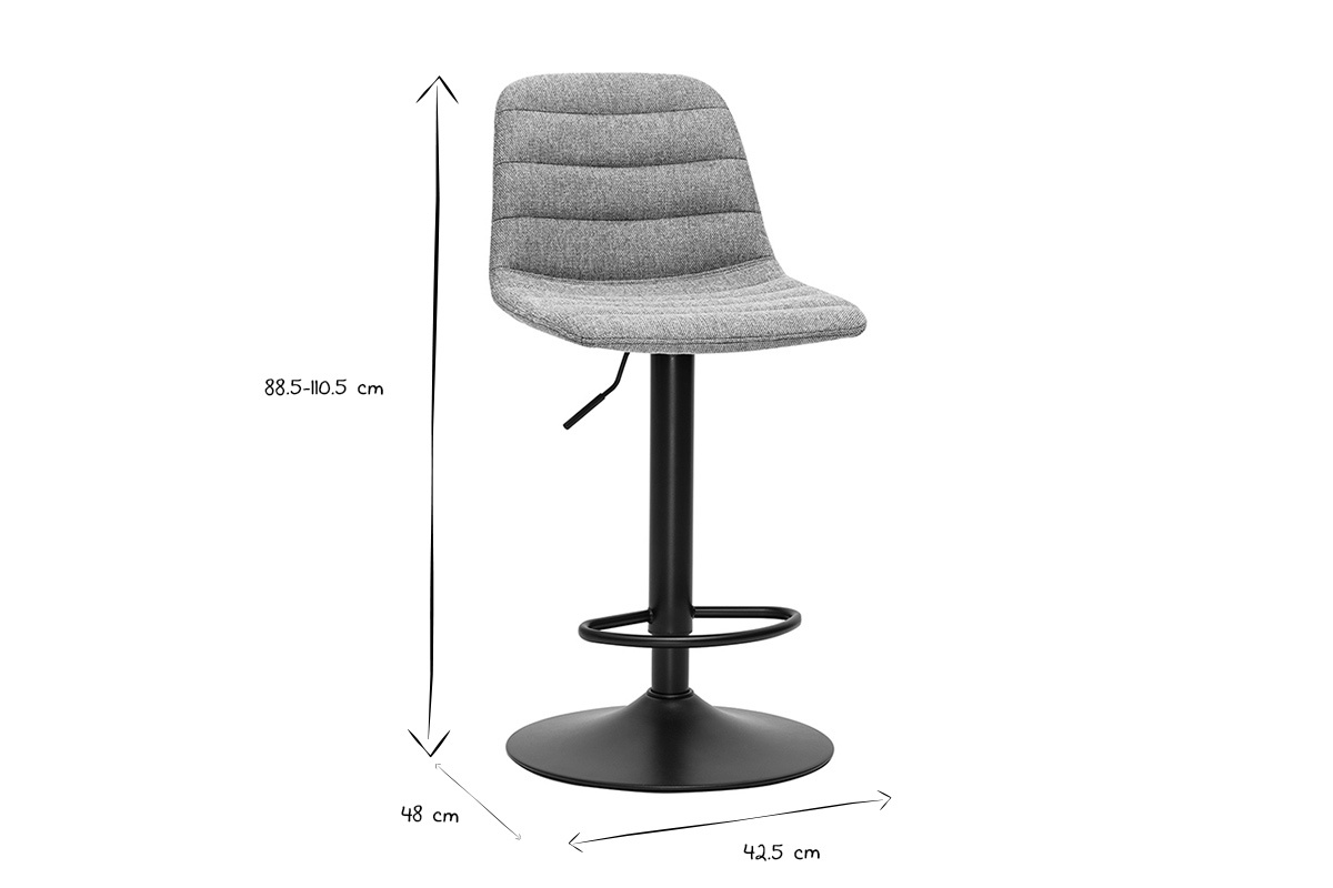 Tabouret de bar noir et blanc avec dimensions 88,5-110,5 cm hauteur, 48 cm profondeur, 42,5 cm largeur.