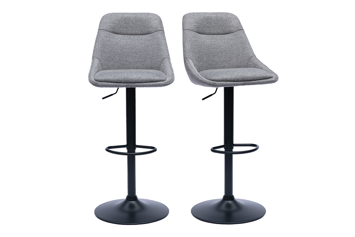 Deux tabourets de bar gris en tissu effet velours, pieds en m�tal noir, vue de face.