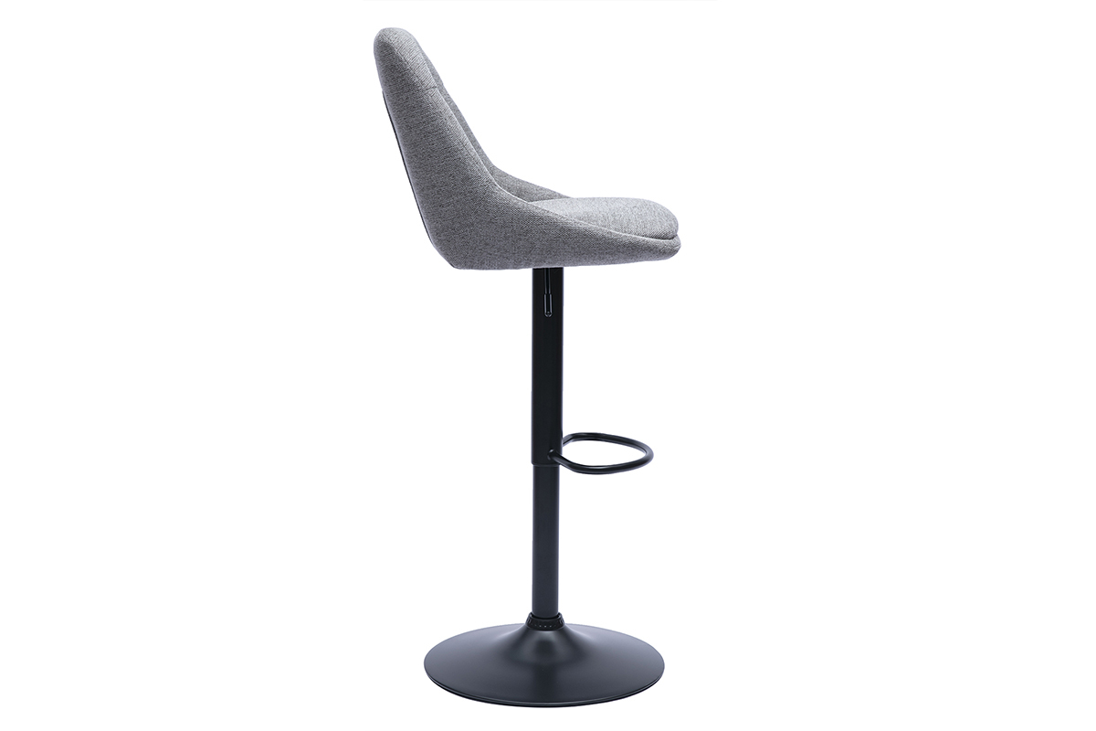 Tabouret de bar en tissu gris et m�tal noir, vue de profil.