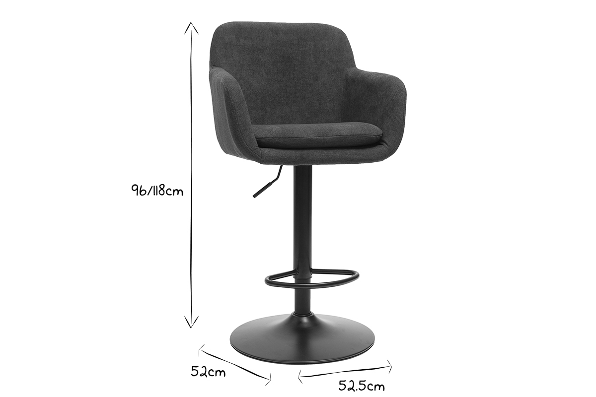 Dimensions du tabouret de bar r�glable en noir et blanc, hauteur 96/118 cm, largeur 52 cm, profondeur 52.5 cm.