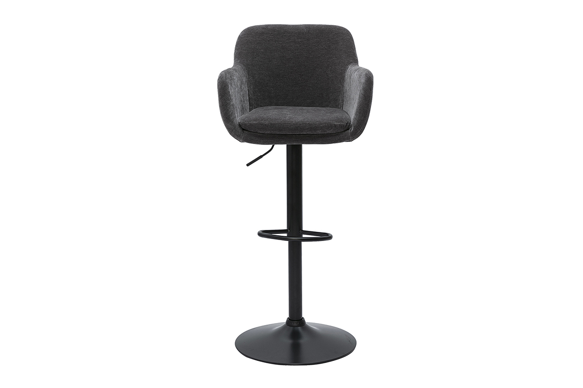 Tabouret de bar gris fonc� avec accoudoirs et repose-pied, vue de face.