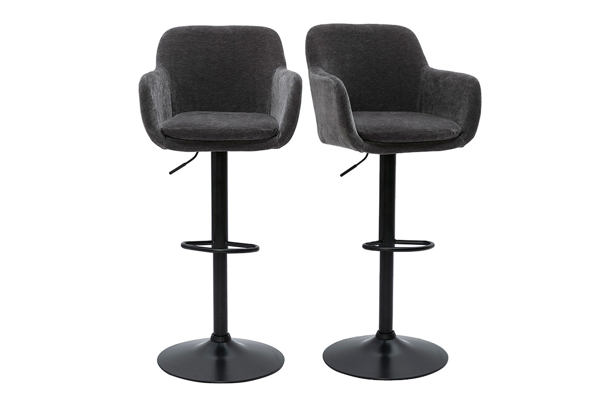 Deux tabourets de bar gris fonc�, r�glables, en tissu effet velours, avec repose-pied, vue de face.