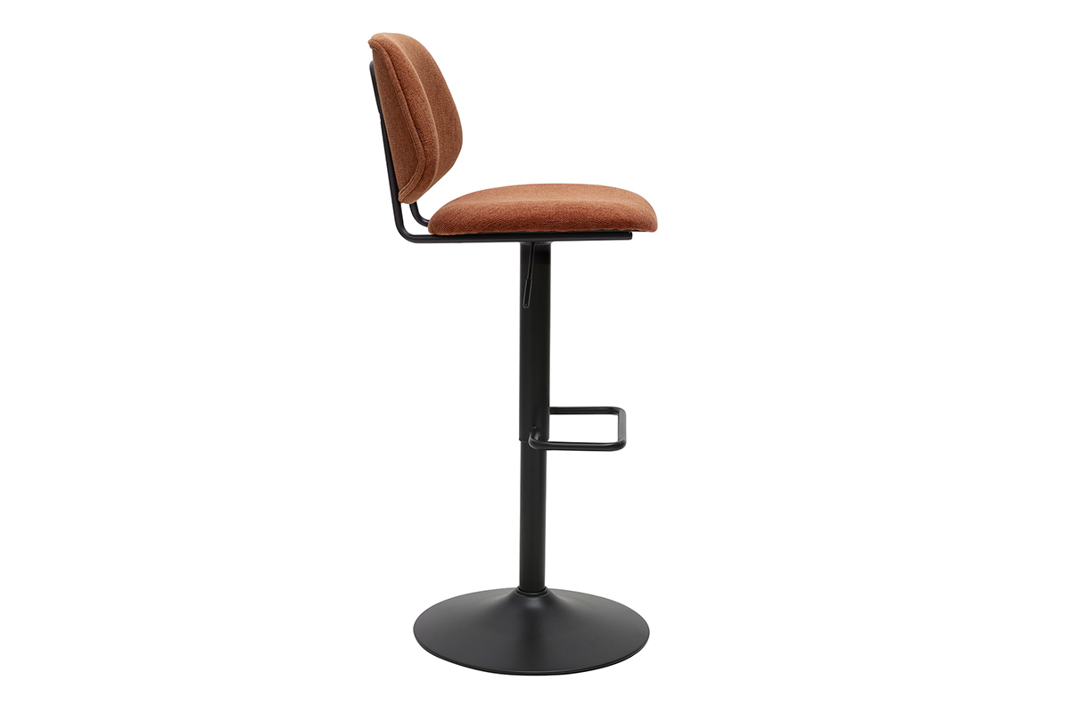 Tabouret de bar en tissu terre br�l�e et m�tal noir, vue de profil.