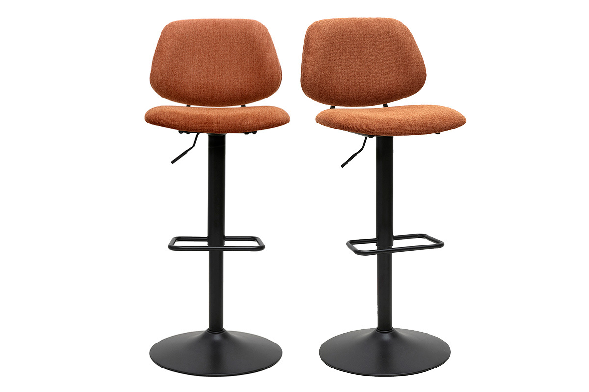 Tabourets de bar en tissu terre br�l�e et m�tal noir, vue de face.