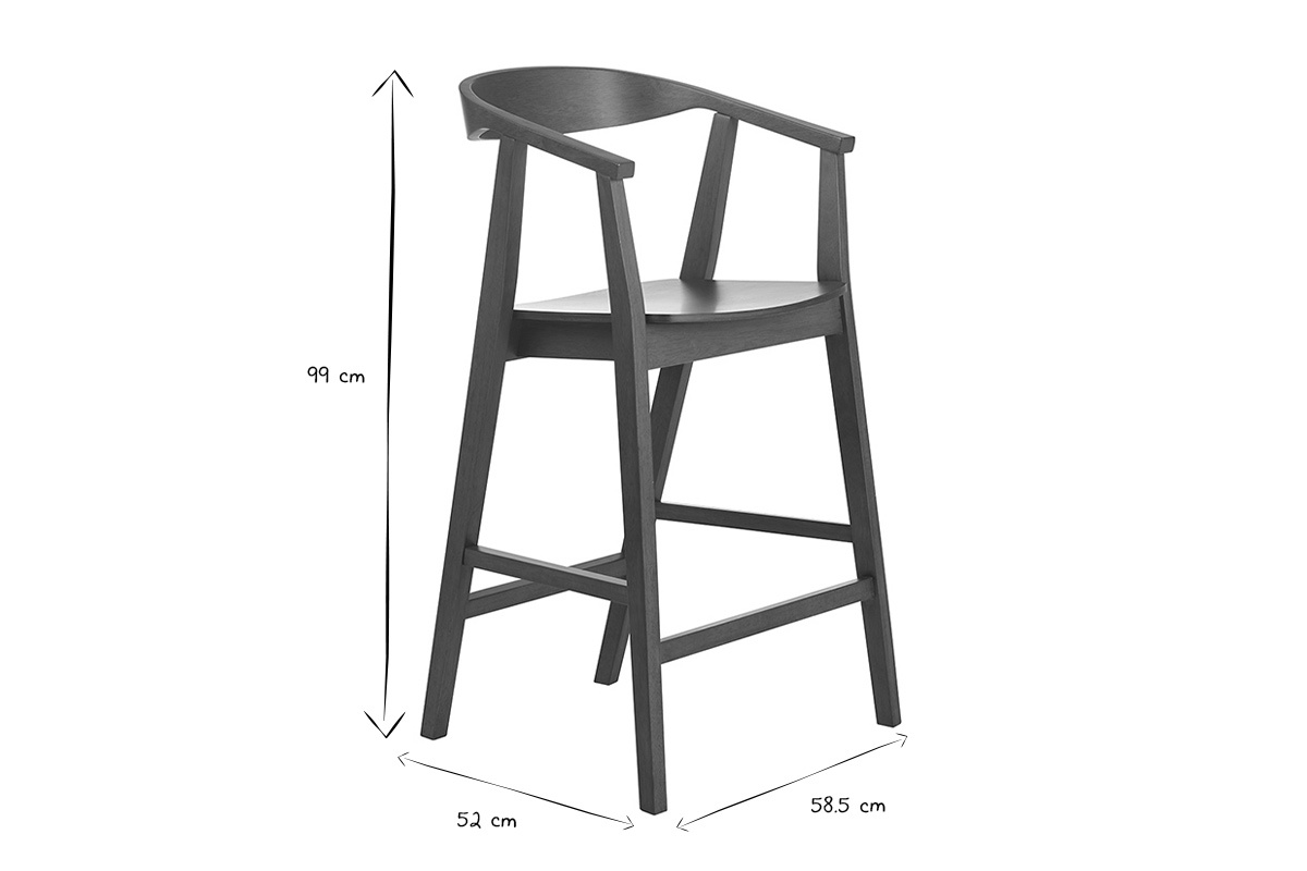 Tabouret de bar scandinave BAHIA en bois fonc�, dimensions: L58,5 x P52 x H99 cm, vue de profil, noir et blanc.