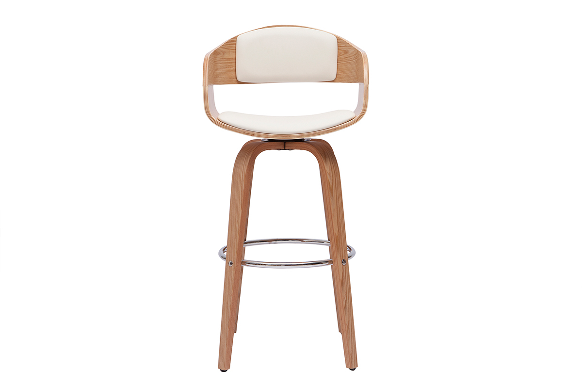Tabouret de bar scandinave en bois clair avec assise blanche, vue de face.