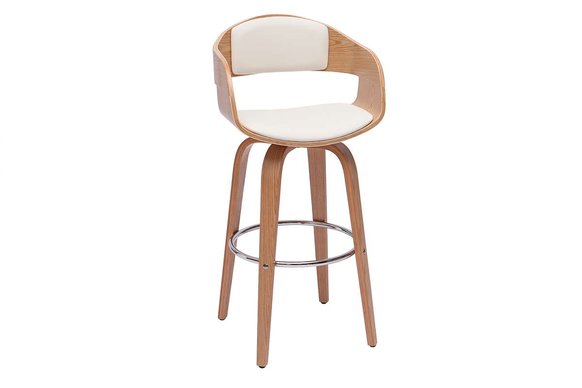 Tabouret de bar scandinave pivotant en bois clair, vue de 3/4.