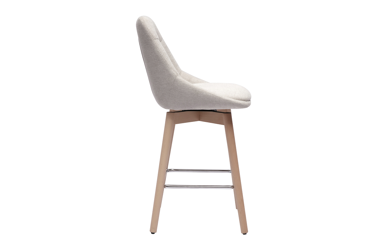 Tabouret de bar scandinave beige en profil, avec pieds en bois clair et repose-pieds m�tal.