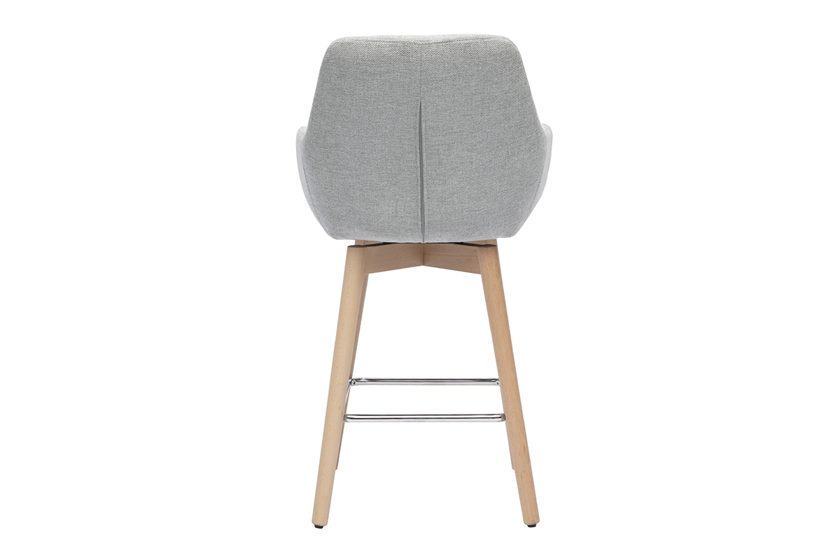 Tabouret de bar gris clair avec dossier en tissu velours et pieds en bois clair, vue arri�re.