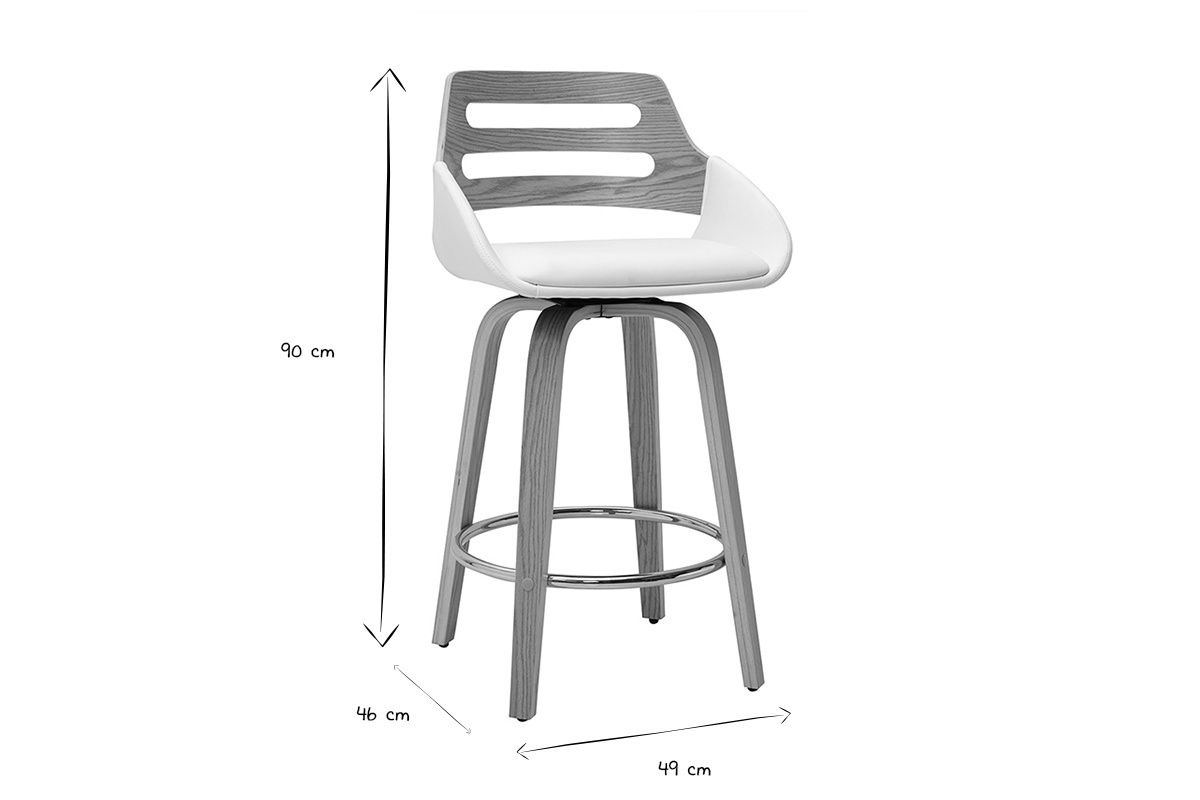 Dimensions d'un tabouret de bar scandinave en noir et blanc : hauteur 90 cm, assise 46 cm, largeur 49 cm.