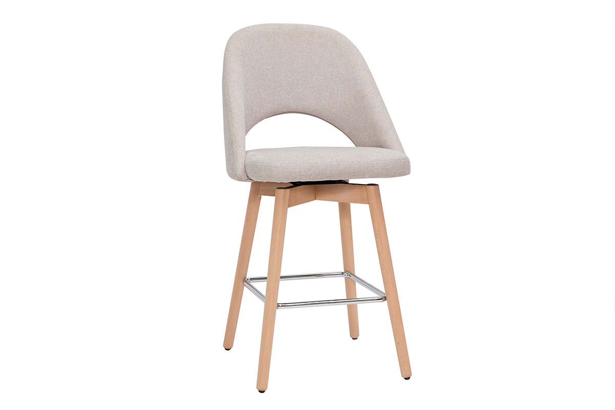 Tabouret de bar scandinave beige avec pieds en bois massif, vue de 3/4.