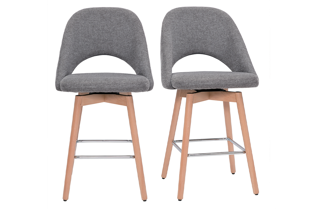 Tabourets de bar scandinaves tissu effet velours textur� gris et h�v�a massif 65 cm (lot de 2) COSETTE