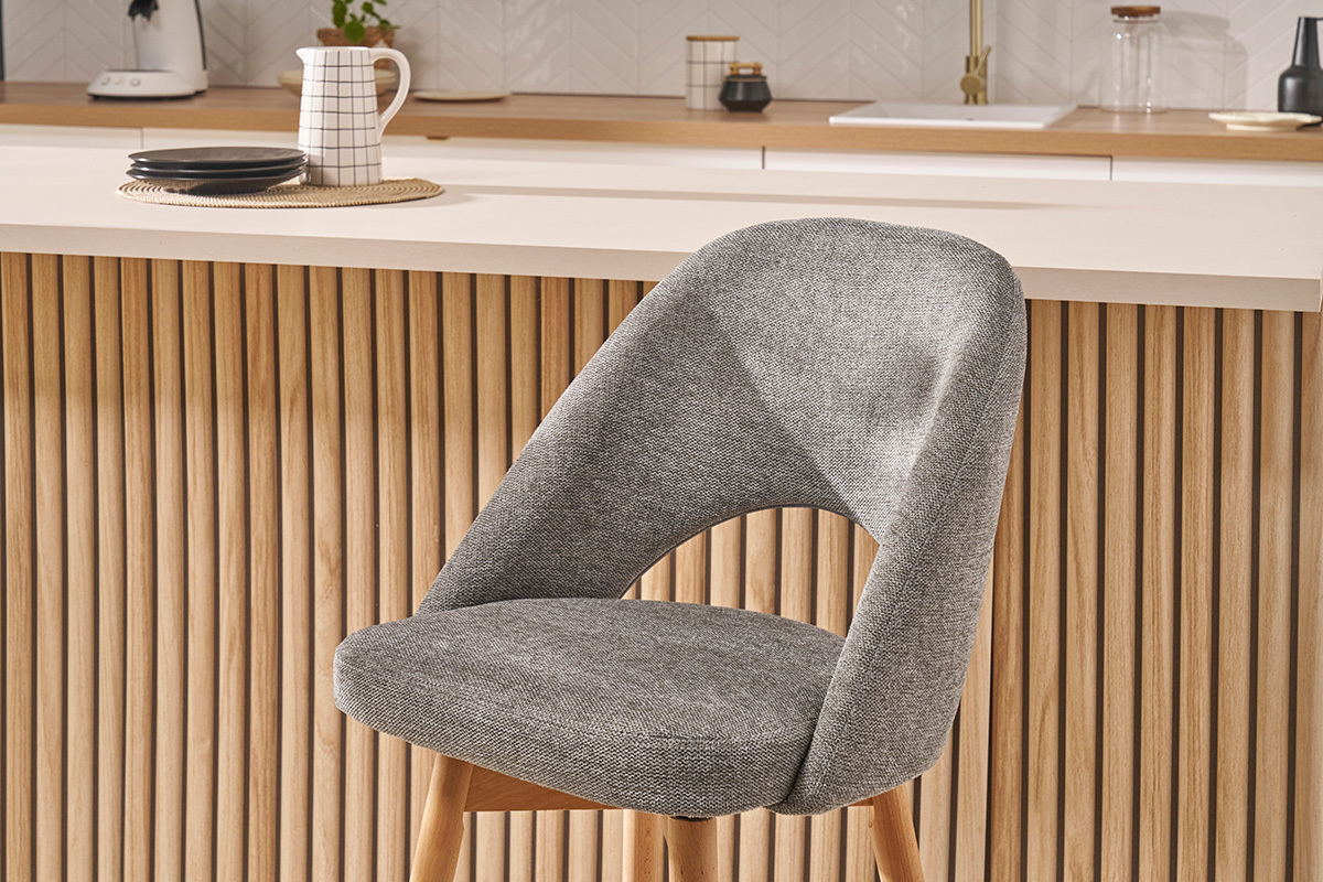 Tabourets de bar scandinaves tissu effet velours textur� gris et h�v�a massif 65 cm (lot de 2) COSETTE