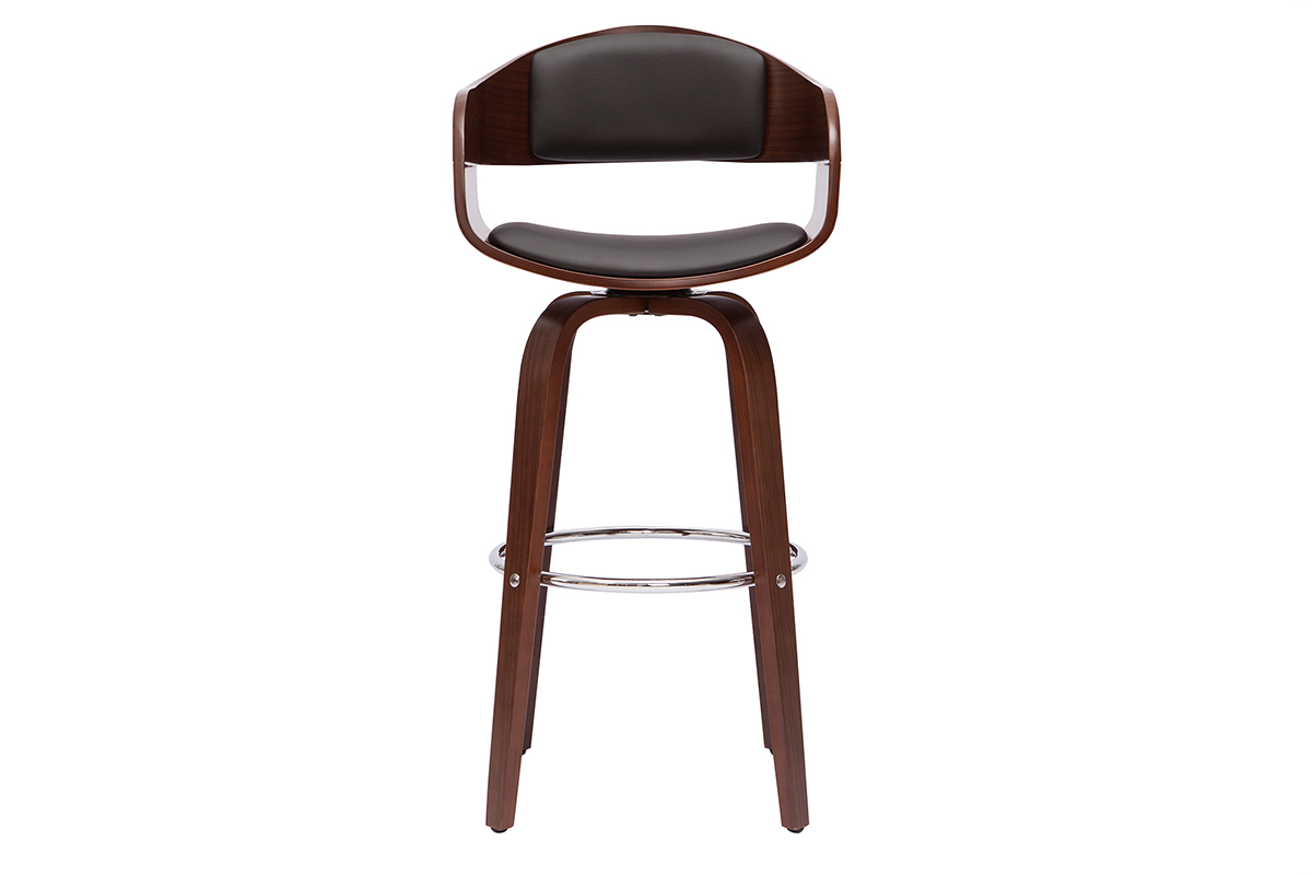 Tabouret de bar vintage pivotant 360� noyer, vue de face, assise et dossier garnis, repose-pied m�tal.