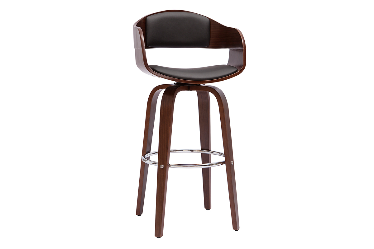 Tabouret de bar pivotant en bois plaqu� noyer et polyur�thane noir avec repose-pied en m�tal.