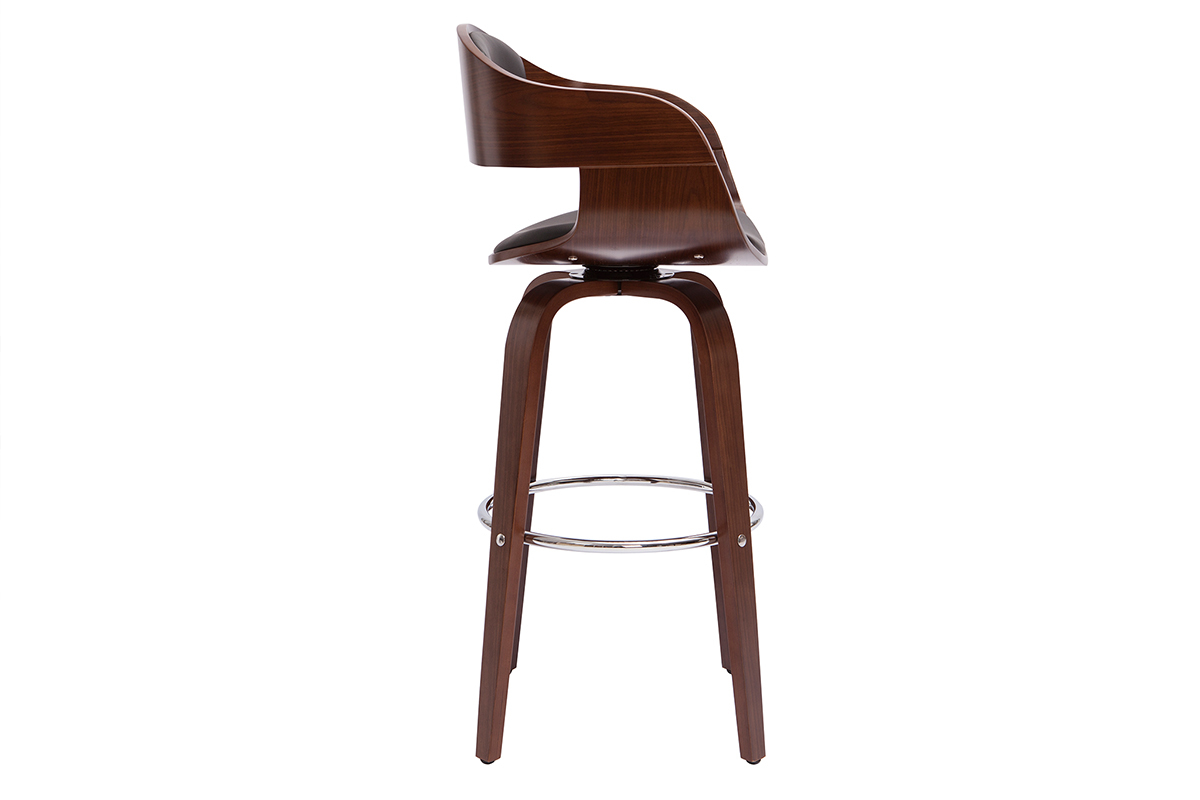Tabouret de bar vintage en noyer, vue de profil, avec repose-pied chrom�, tournant 360�.