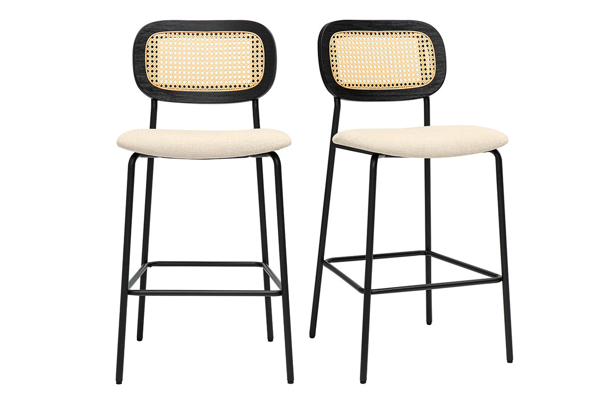 Tabourets en tissu beige effet velours et m�tal noir avec cannage en rotin, vendus par lot de 2.