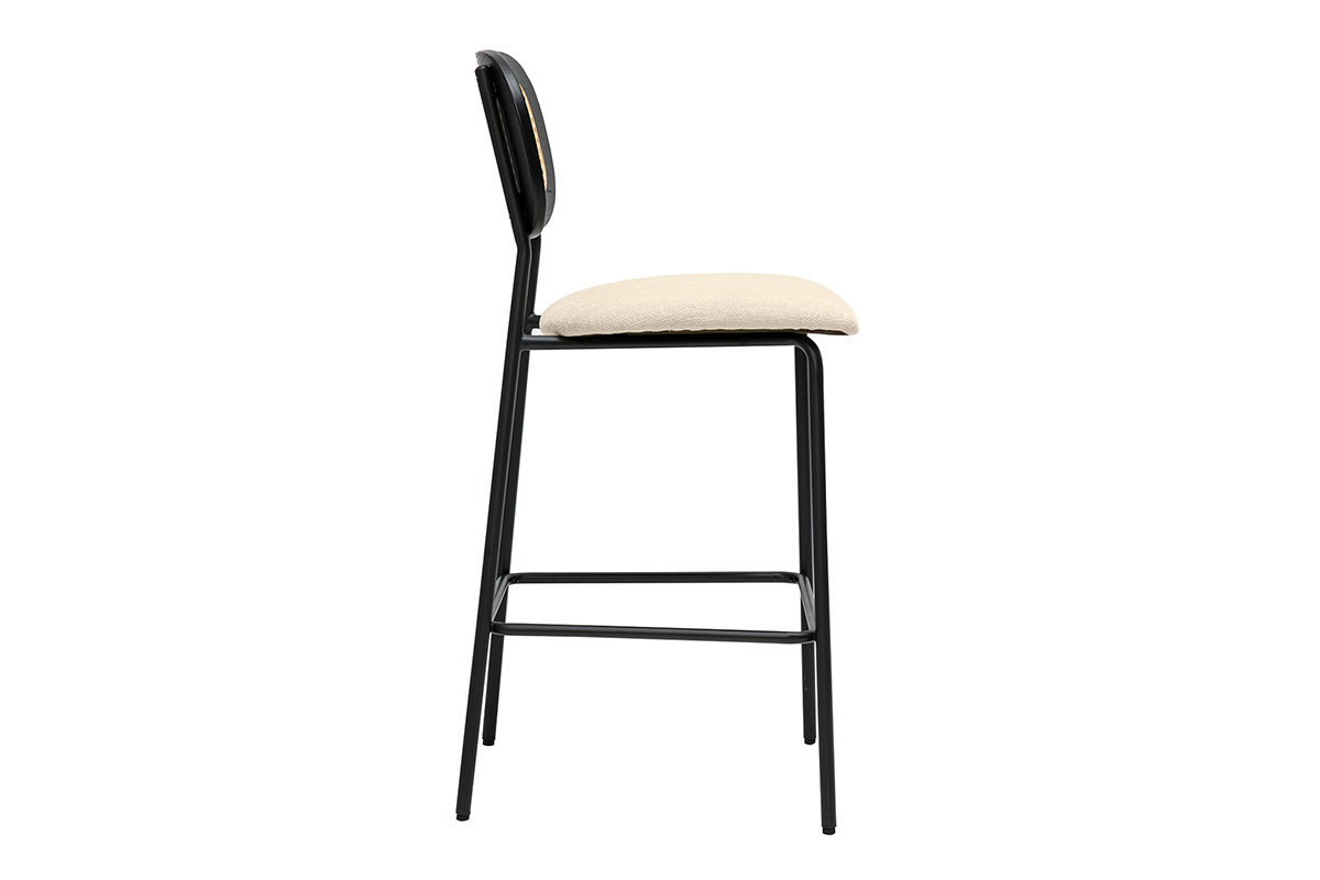 Tabourets MIRANDA en tissu velours beige, m�tal noir, cannage rotin, lot de 2