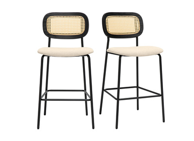 Tabourets design en tissu effet velours textur&eacute; beige, m&eacute;tal noir et cannage rotin (lot de 2) MIRANDA