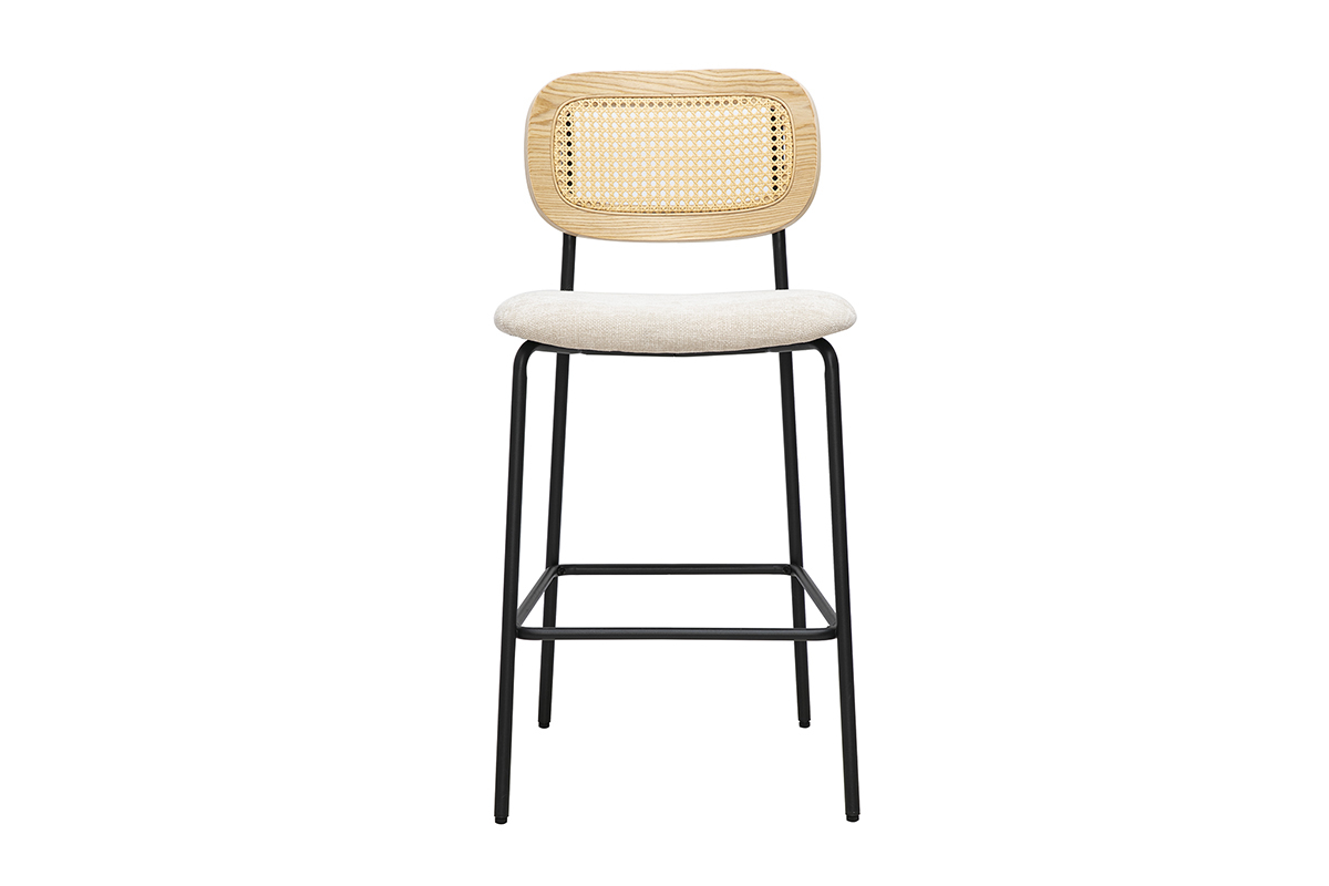 Tabouret design MIRANDA en tissu beige, pi�tement m�tallique noir et dossier en cannage, vue de face.