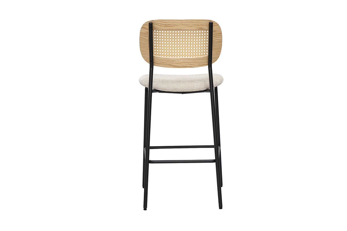 Tabouret design en tissu effet velours beige, vue arri�re, cadre en m�tal noir et cannage en rotin.