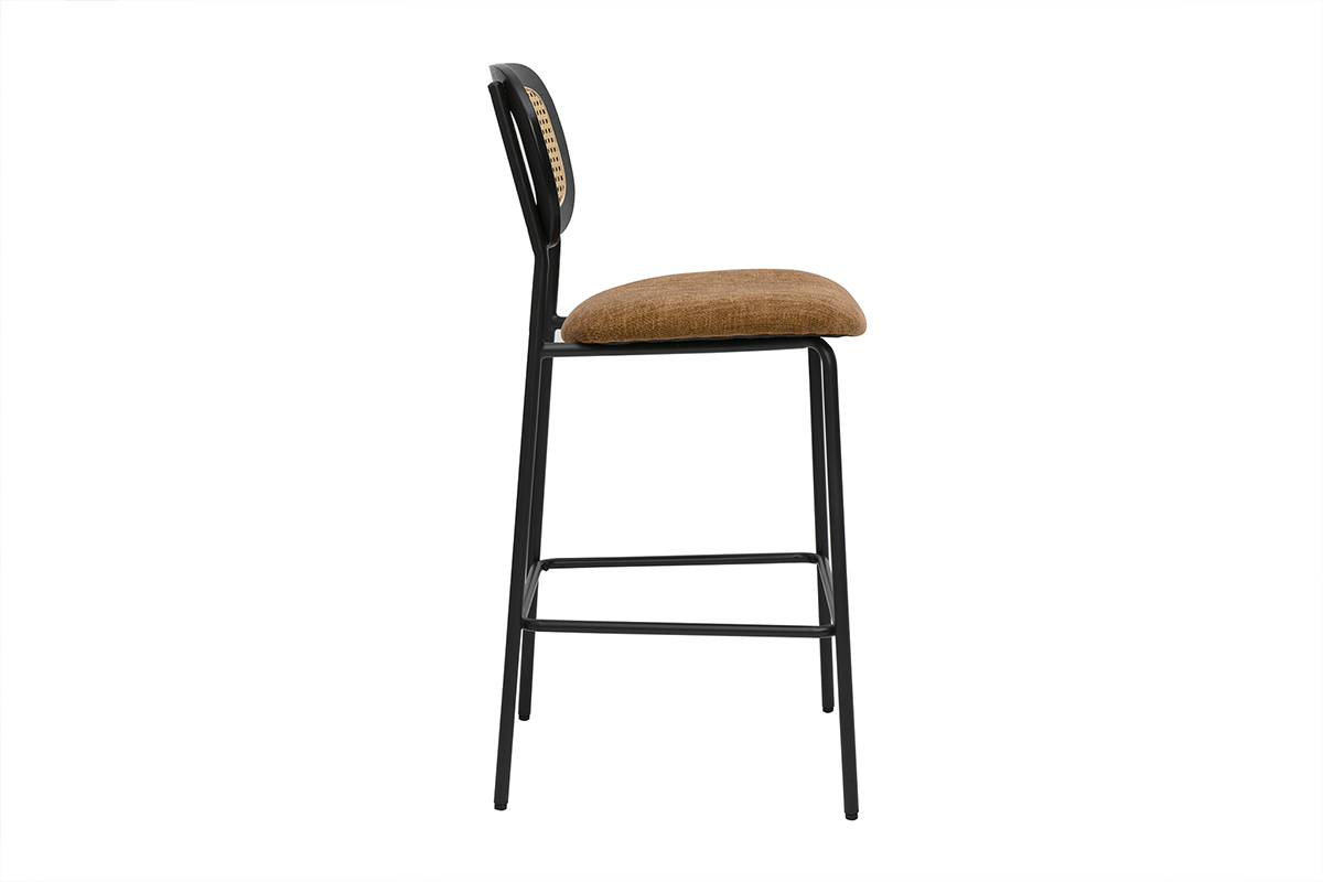 Tabourets design en tissu effet velours textur� terre brul�e, m�tal noir et cannage rotin (lot de 2) MIRANDA