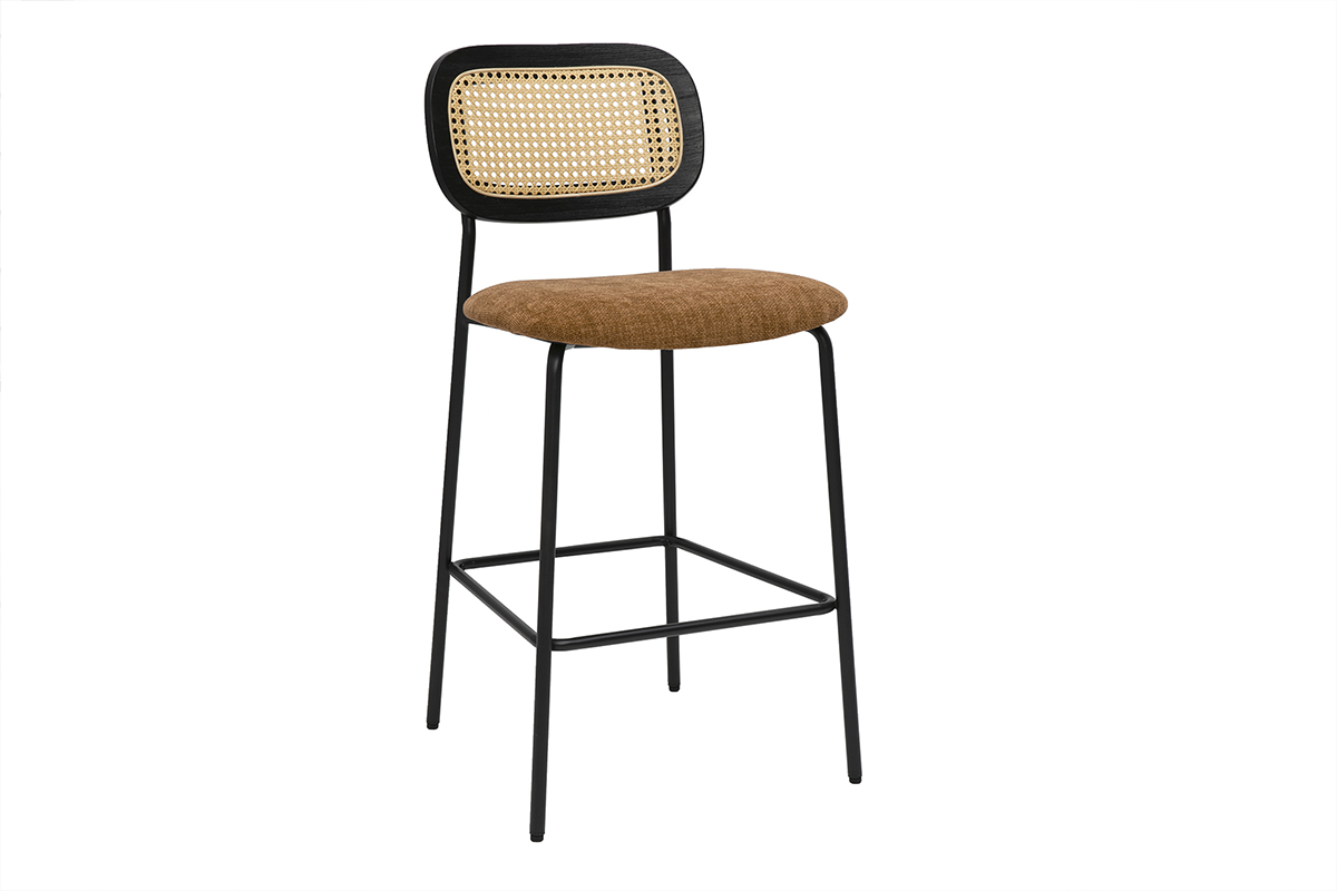 Tabourets design en tissu effet velours textur� terre brul�e, m�tal noir et cannage rotin (lot de 2) MIRANDA